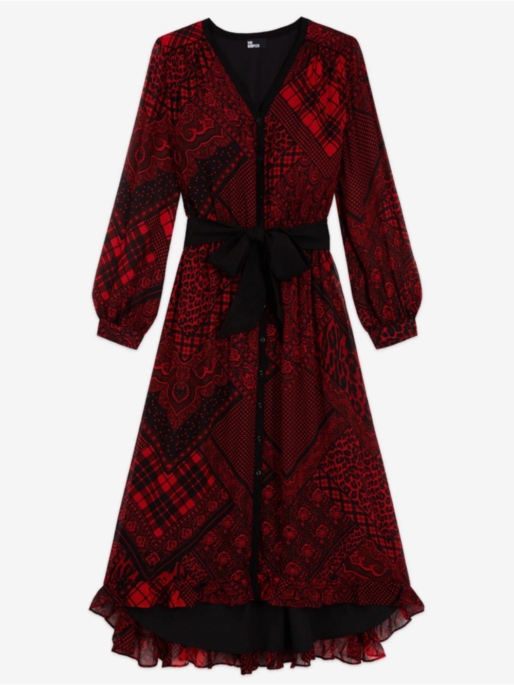 The Kooples Red & Black Patchwork Tie-Waist Long Sleeve Midi Dress